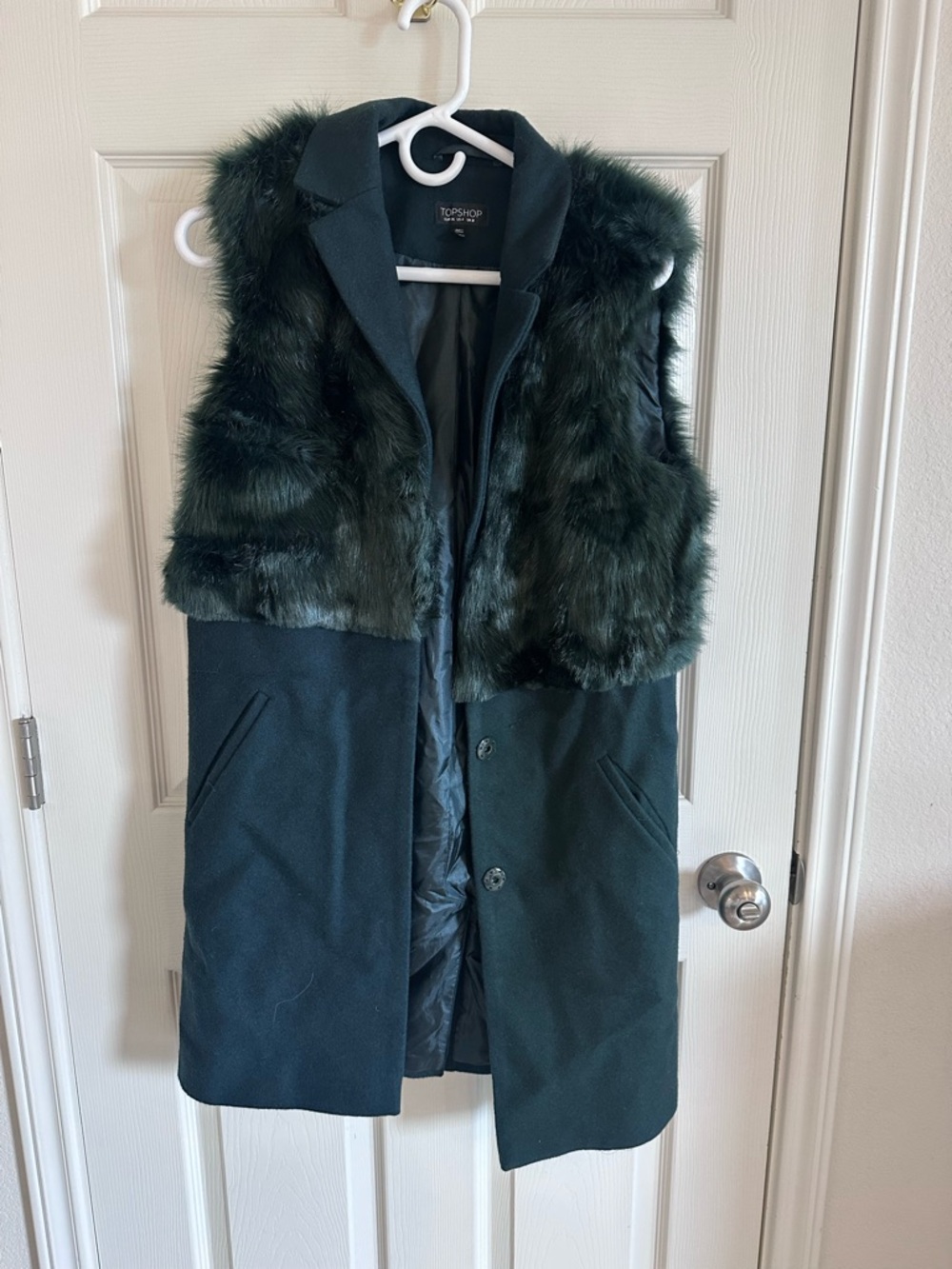 Topshop Forest Green Faux Fur Trim Sleeveless Coat